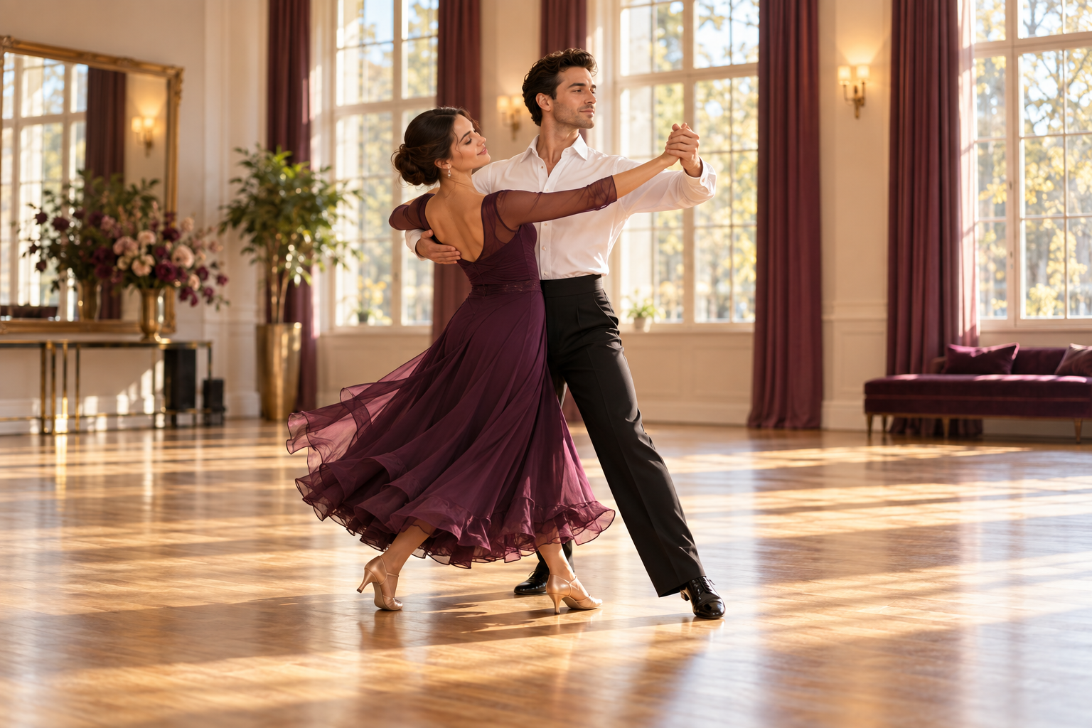 A ballroom couple practicing waltz in a sunlit studio